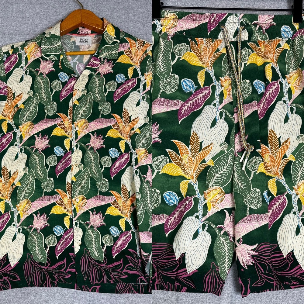 NEW Scotch & Soda Shirt Shorts Printed Set M Green Tropical Camp Collar Floral